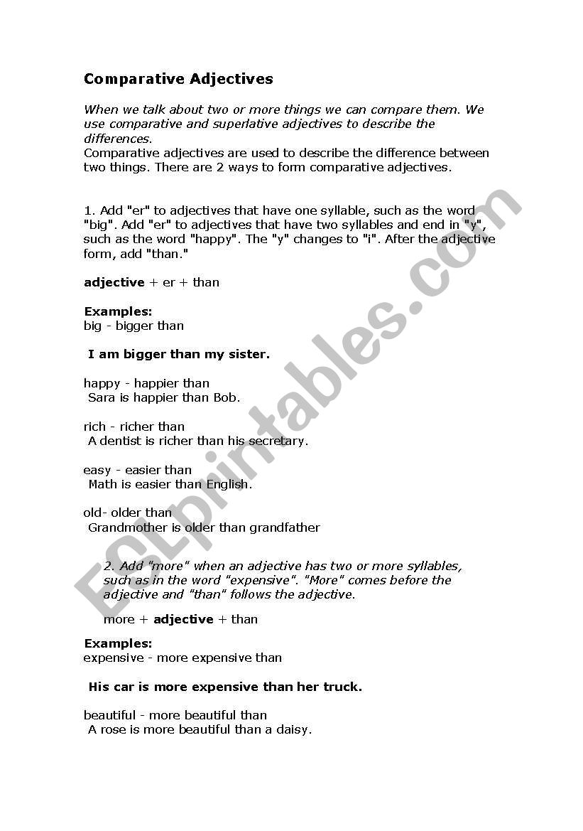 Comparative adjectives worksheet