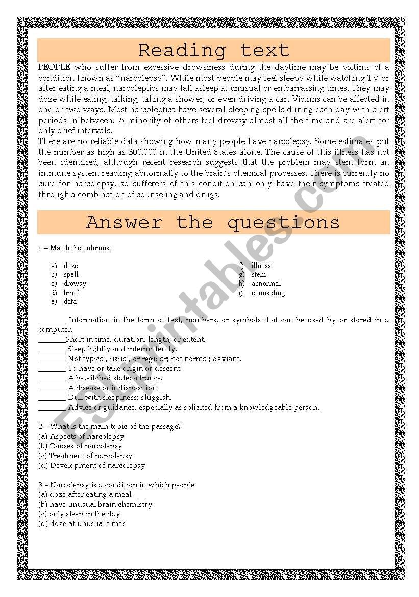 Reading text worksheet