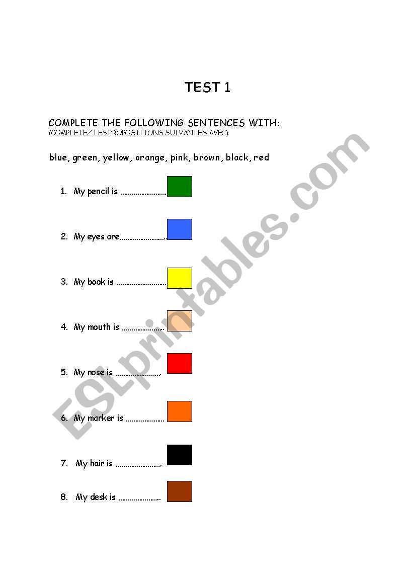 COLOURS TEST worksheet