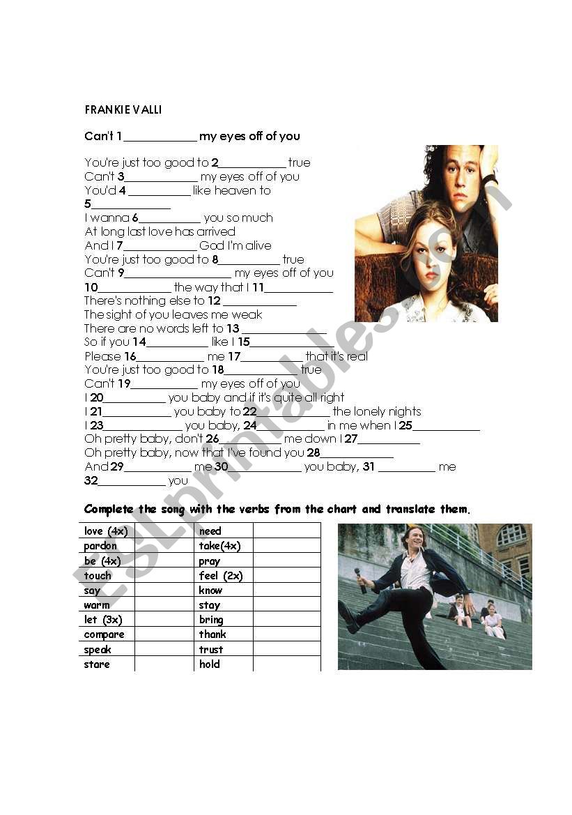 verbs in a song worksheet