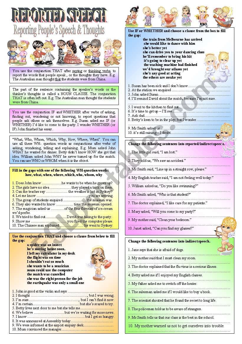 REPORTED SPEECH – Reporting People’s Speech & Thoughts  with “WH- Questions, THAT, IF, & WHETHER”- (( definitions & 50 sentences to complete )) – elementary/intermediate – (( B&W VERSION INCLUDED ))