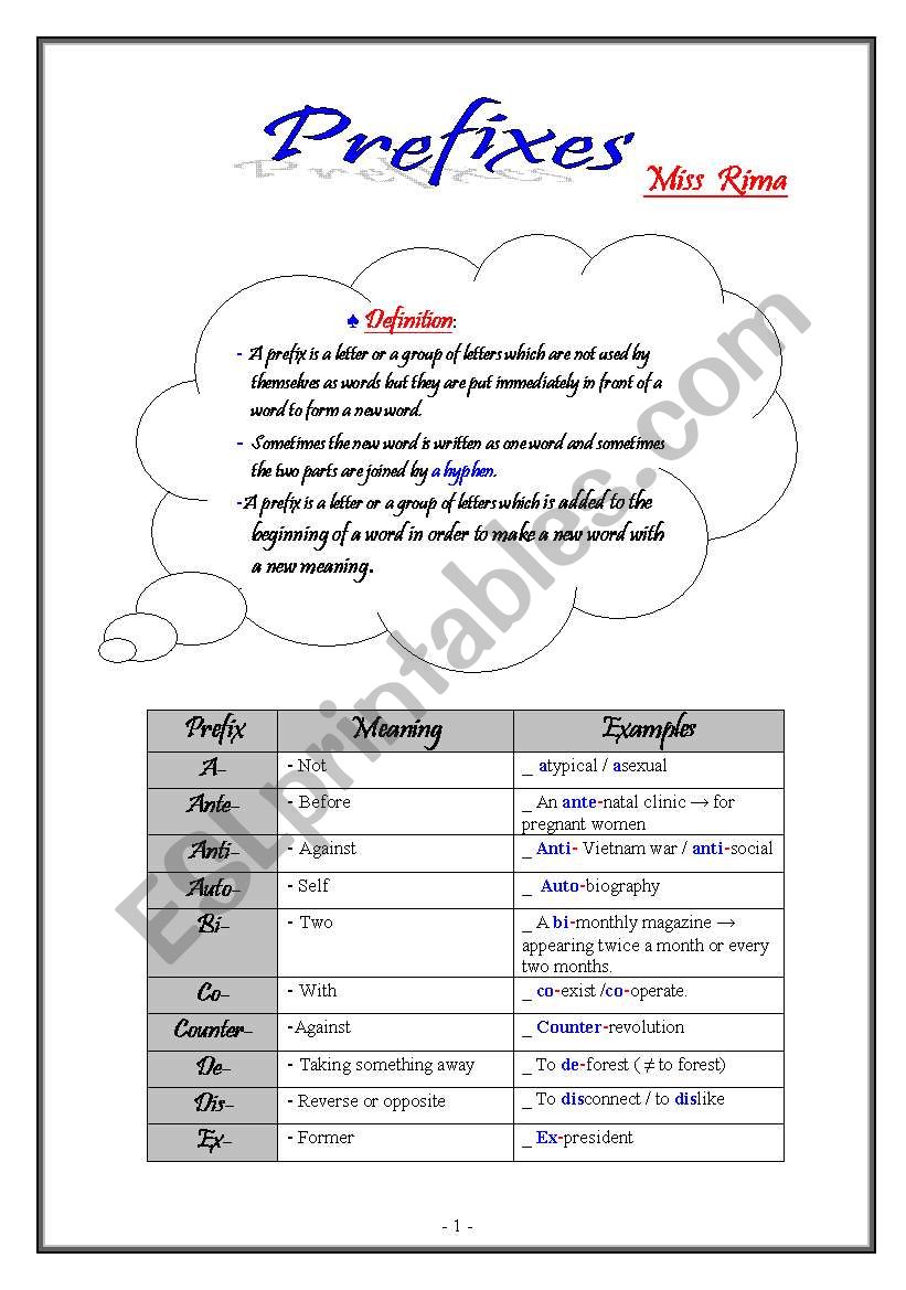 Prefixes worksheet
