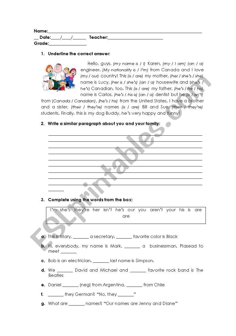 To be and Possessives  worksheet