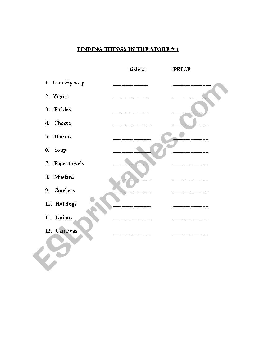 Store 3 worksheet