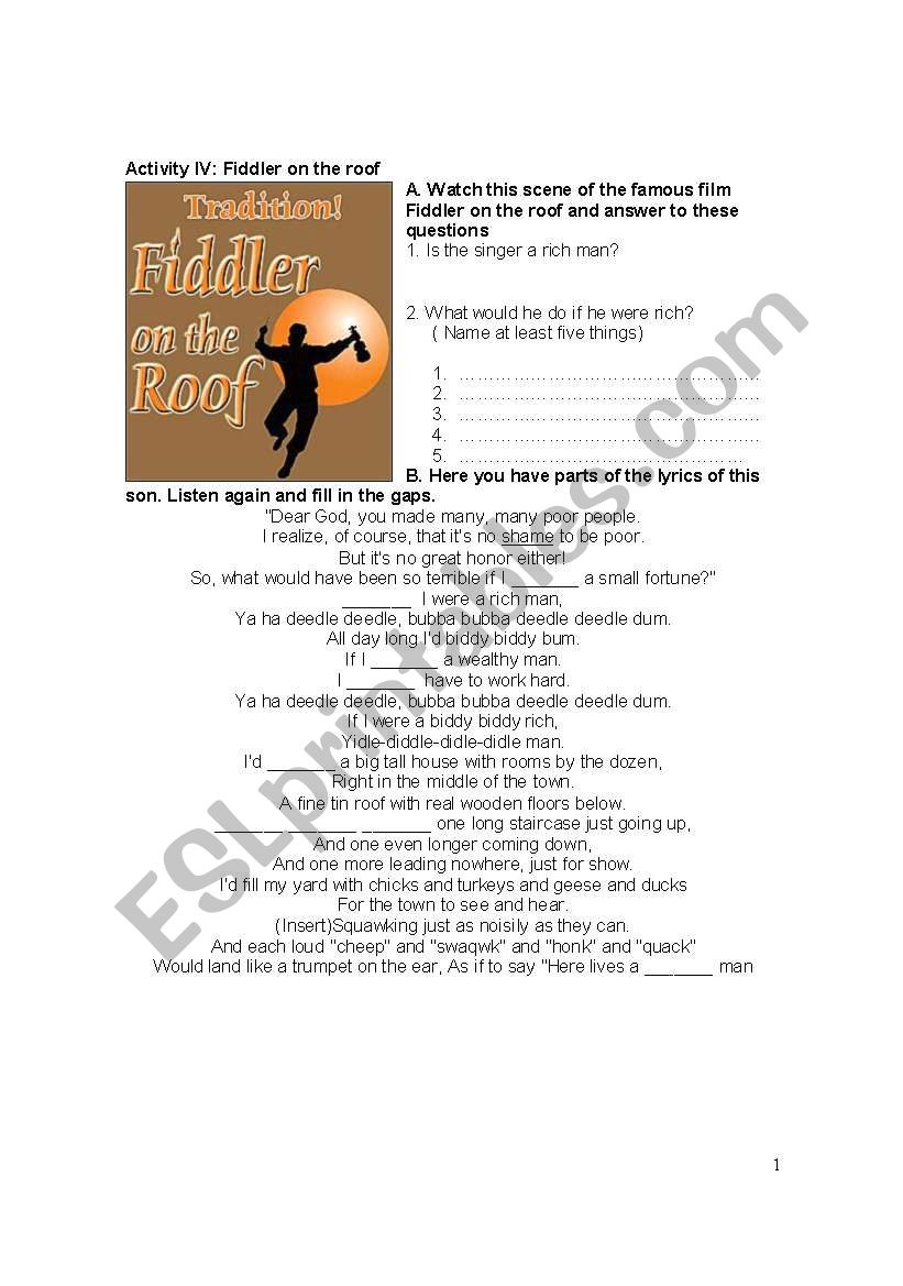 Fiddler on the roof worksheet