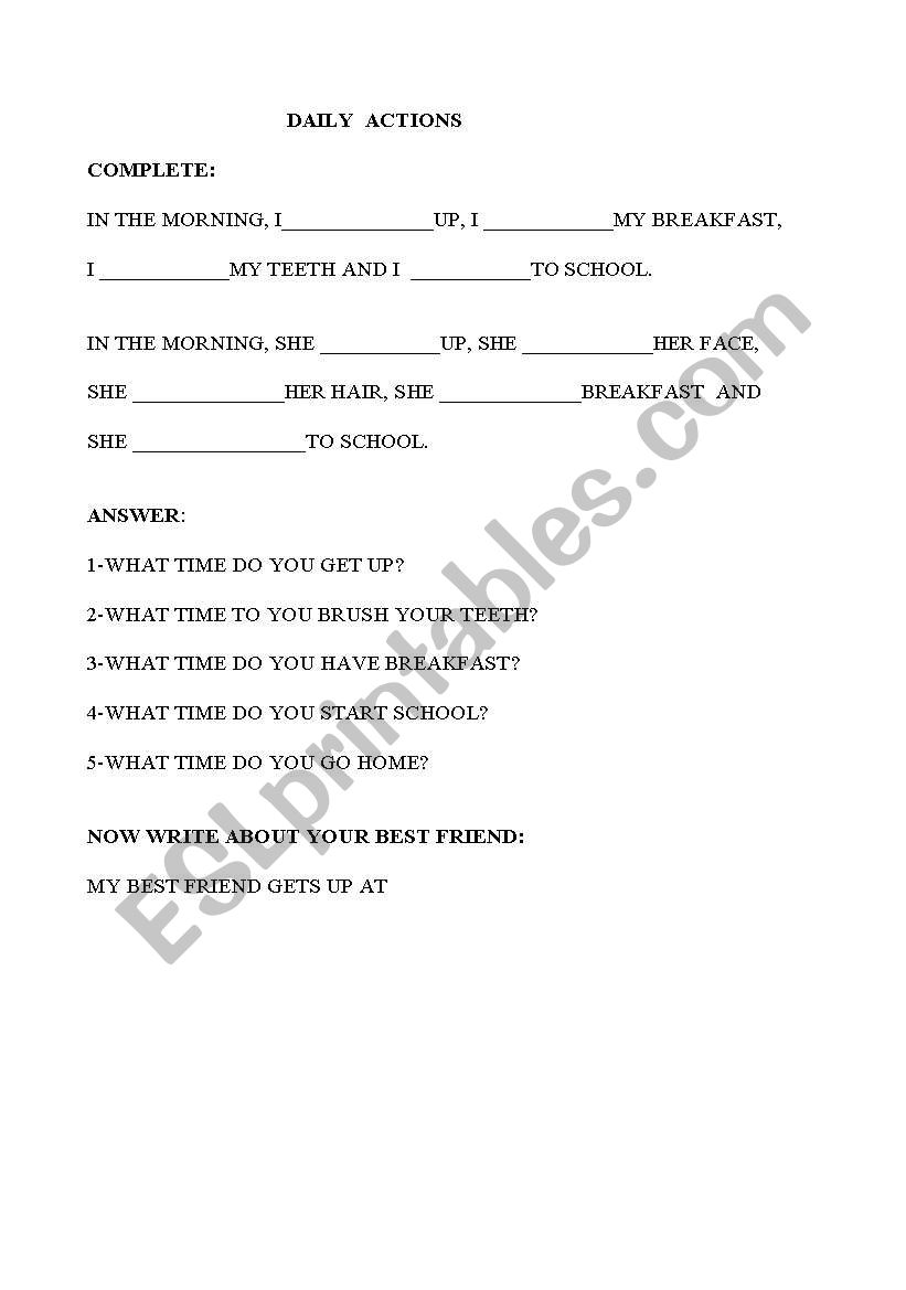 DAILY  ACTIONS worksheet