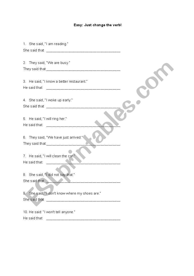 Reported Speech - Very easy worksheet