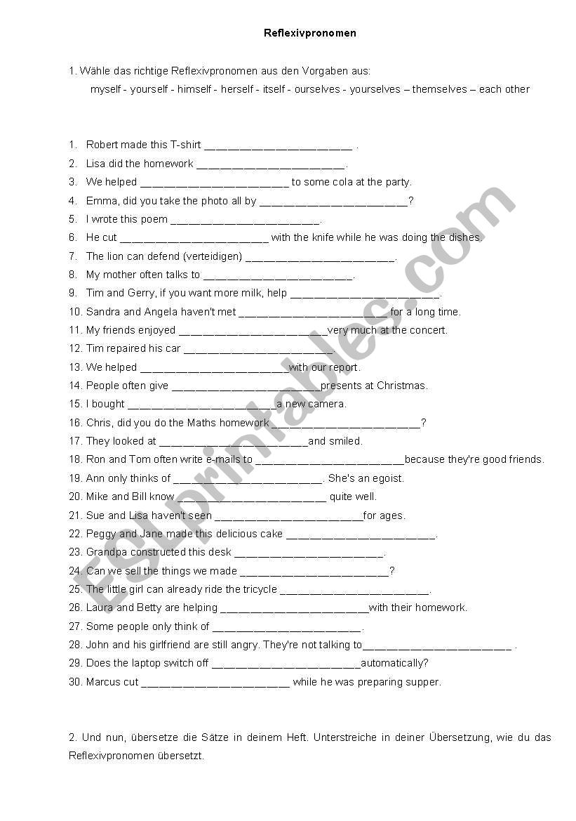 Reflexive pronouns worksheet