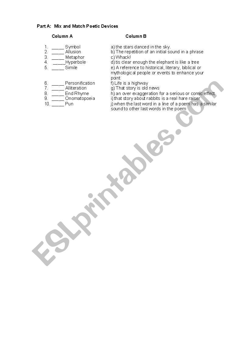 Poetry Mix and Match worksheet