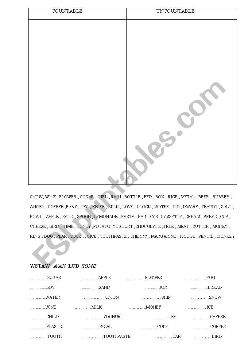 countable/uncountable worksheet