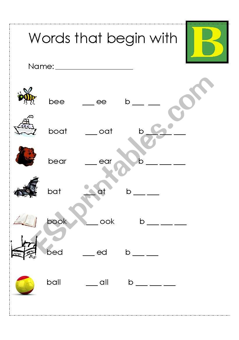 Words that begin with B worksheet