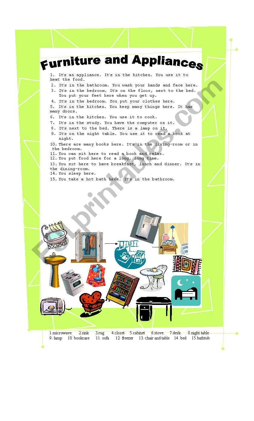 Furniture and Appliances worksheet