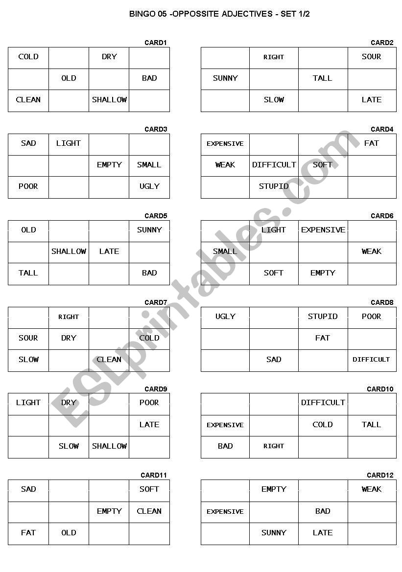 BINGO05 - OPPOSSITE ADJECTIVES - CHART - CARDS