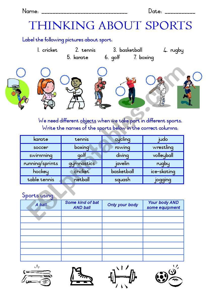 Sport and equipment used worksheet