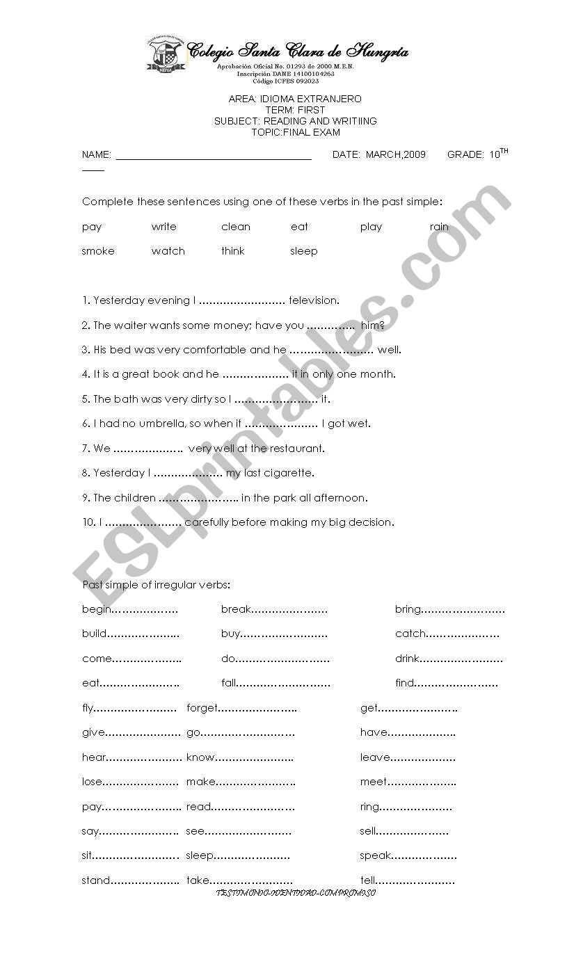 Exam to check past perfect worksheet