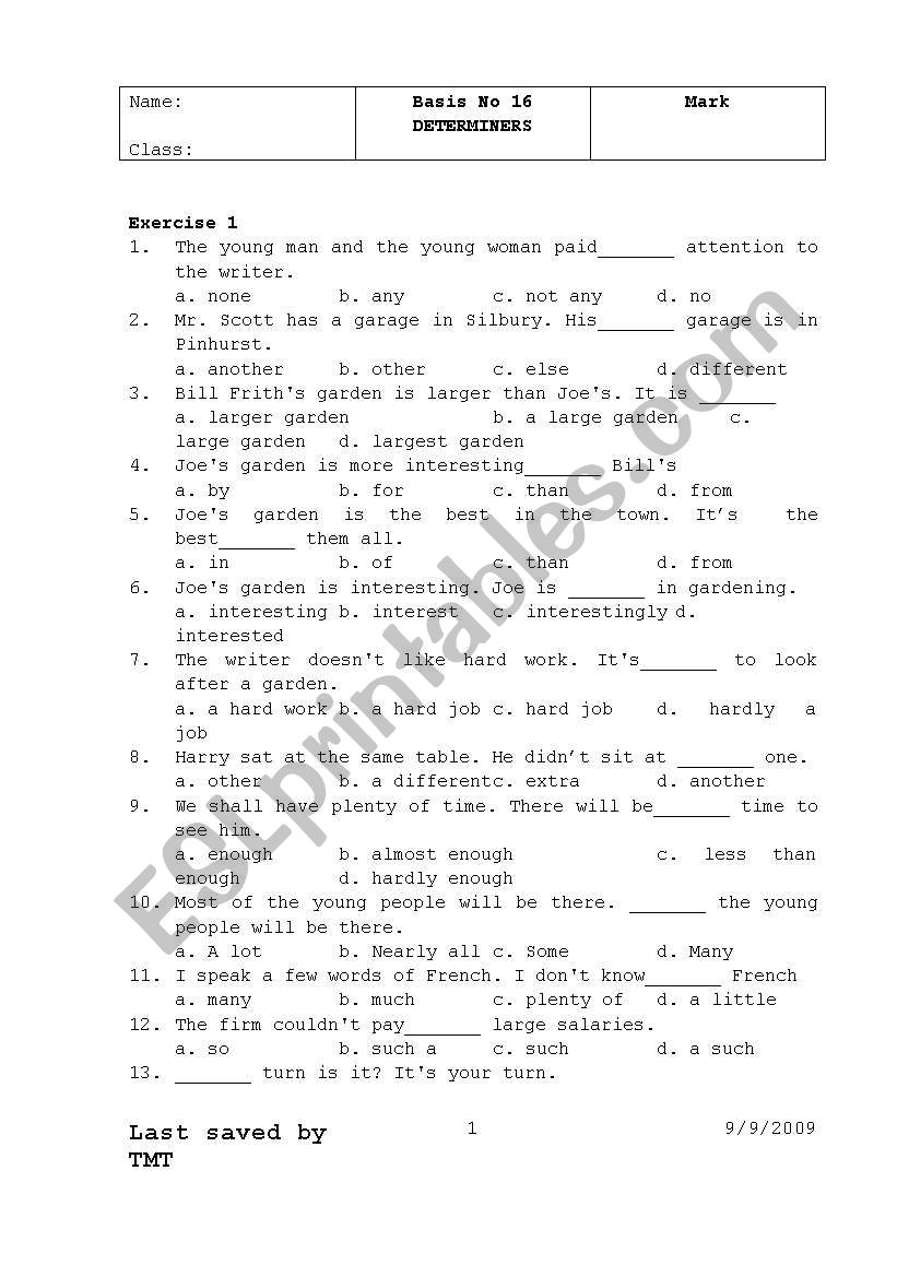 Determiners (MCQ) worksheet