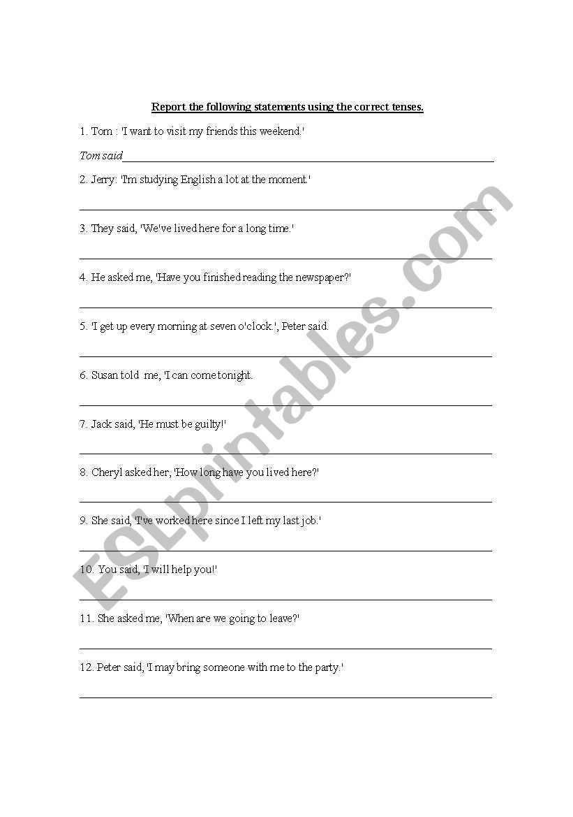 reported sentences exercises worksheet