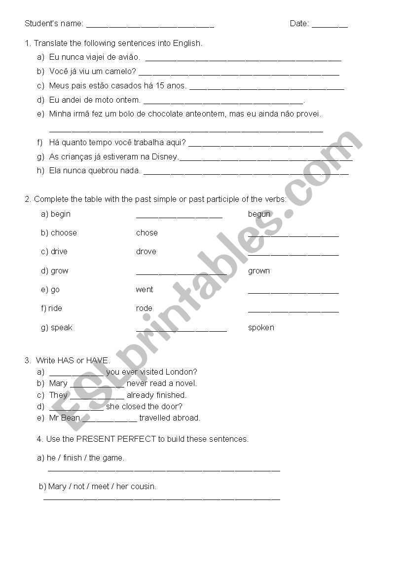 Present Perfect worksheet