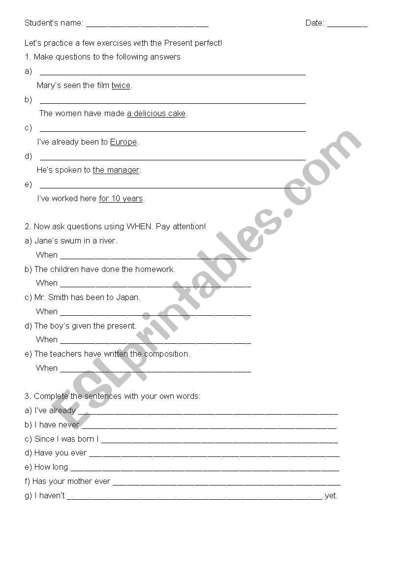 Present perfect worksheet