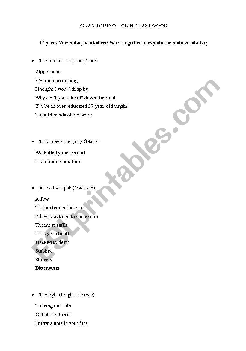 Vocabulary worksheet (1) on Gran Torino (Clint Eastwood)