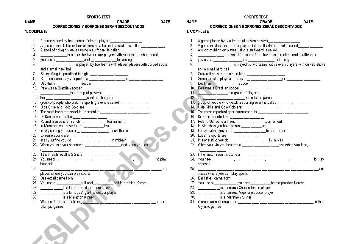 Sports worksheet