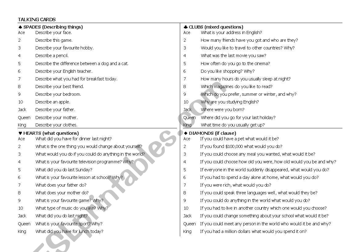 Talking Cards worksheet