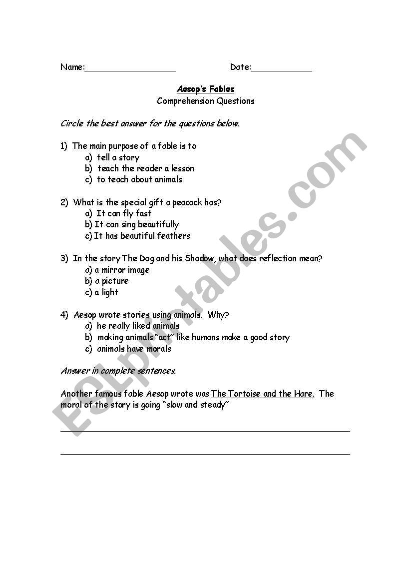 Aesops Fables worksheet