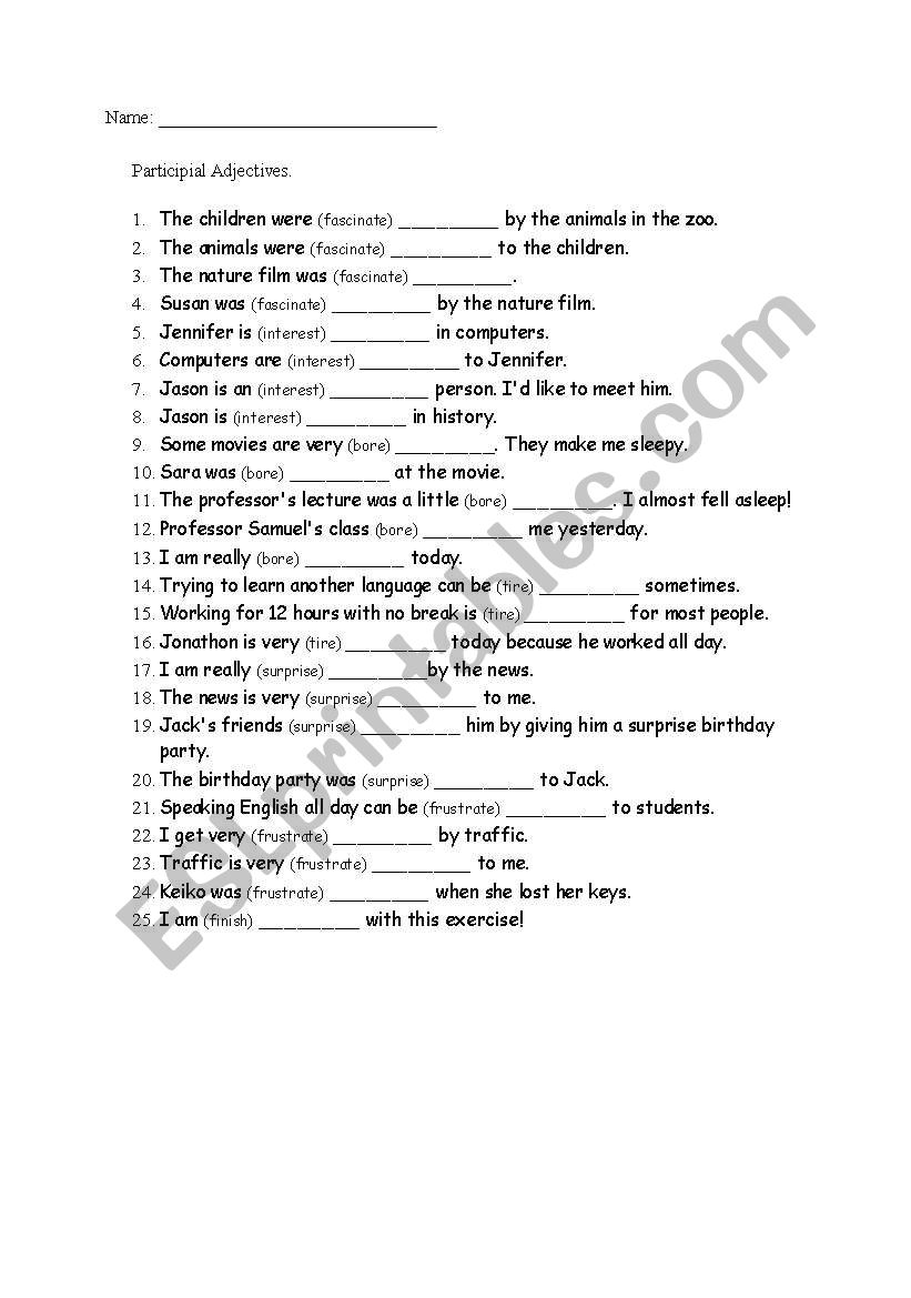 Participial adjectives worksheet