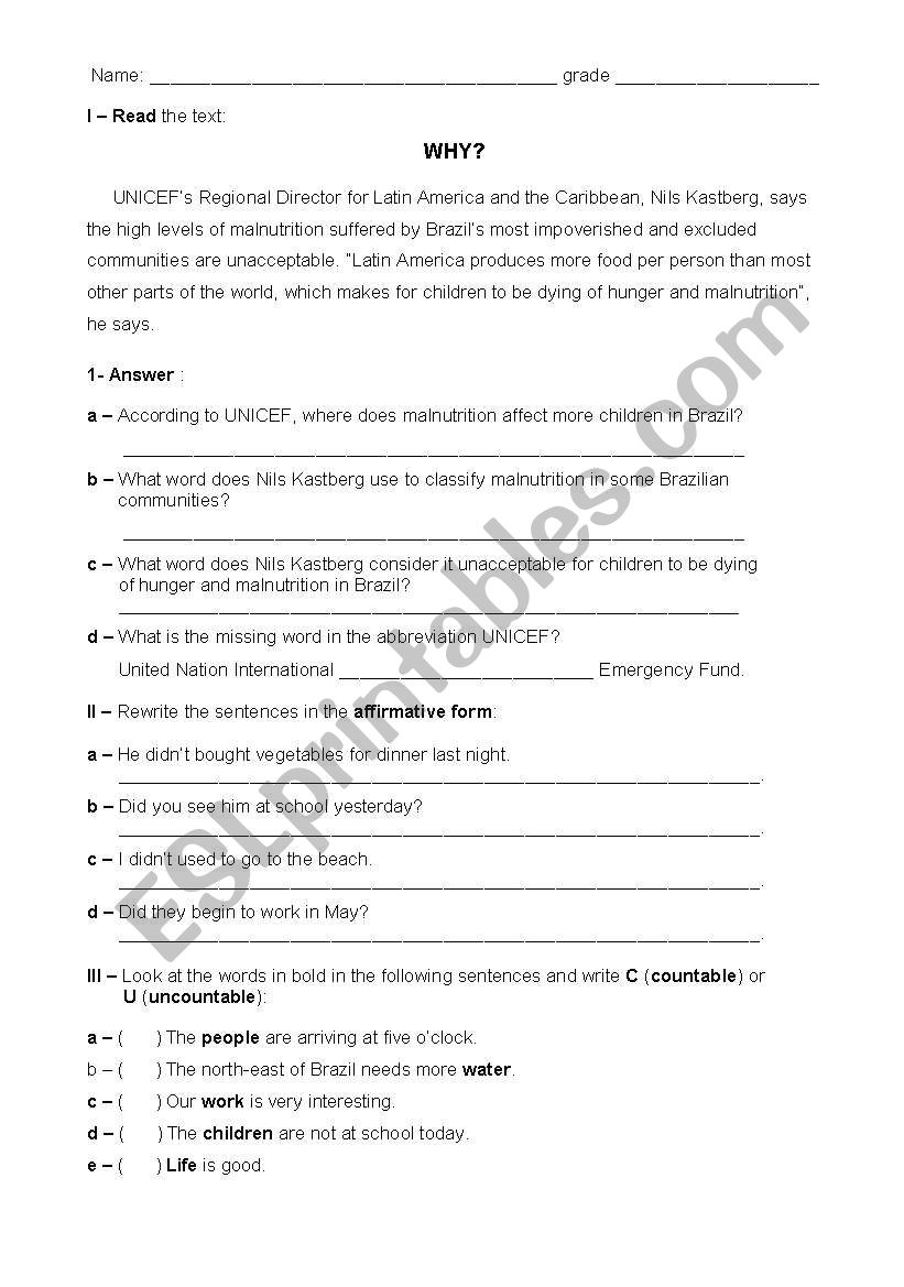 English test - 7th. grade worksheet
