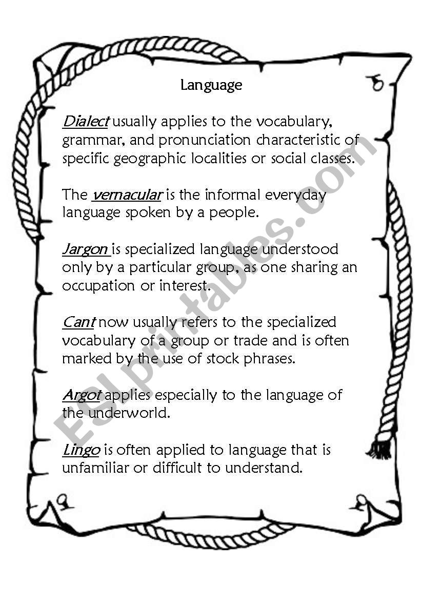 Different Language Terms worksheet
