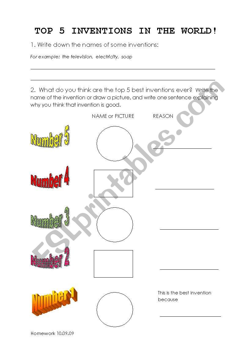 Top 5 inventions worksheet