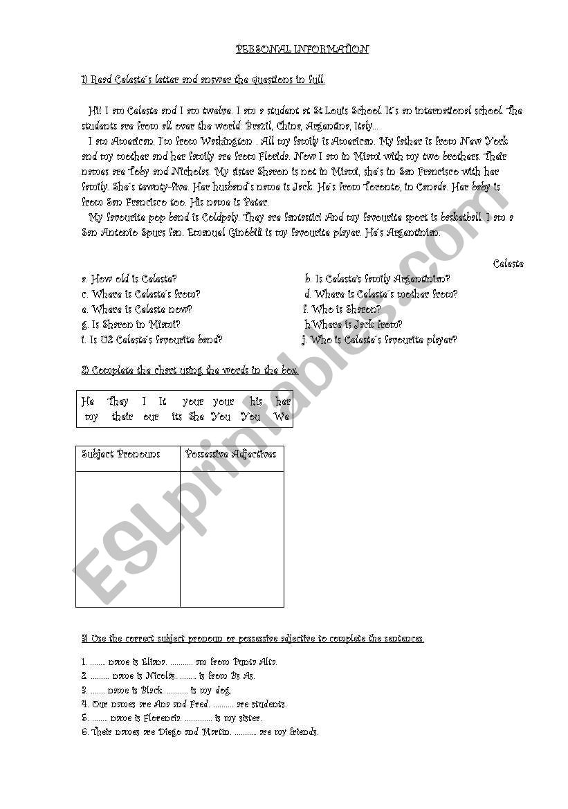 Personal information,subject pronouns and possessive adjectives