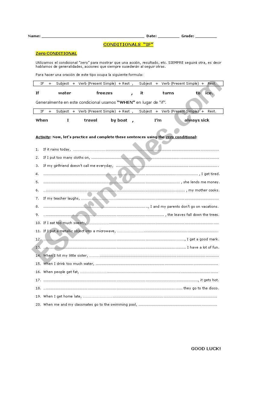 Zero conditional worksheet