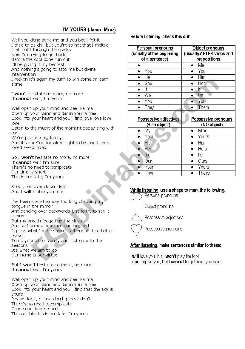 Song: Im yours (Jason Mraz) worksheet