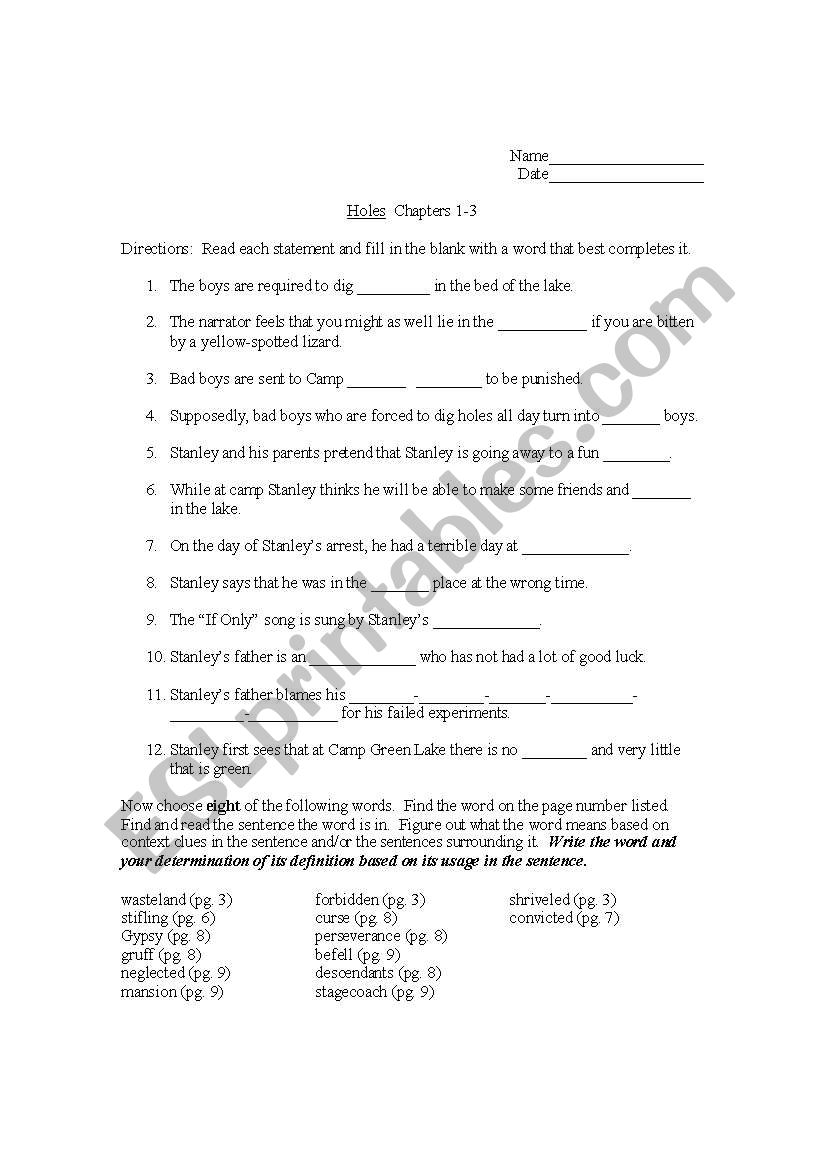 Holes Chapters 1-3 worksheet