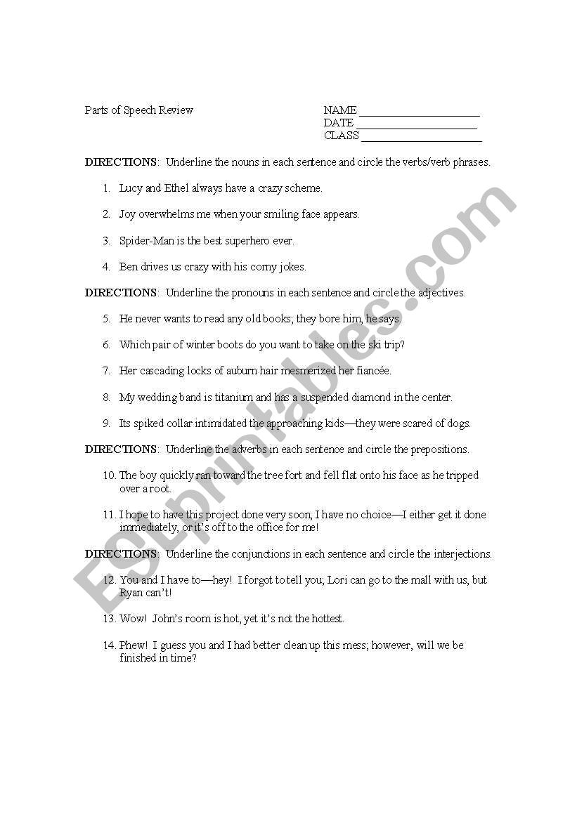 English worksheets: Parts of Speech Review Regarding Parts Of Speech Review Worksheet