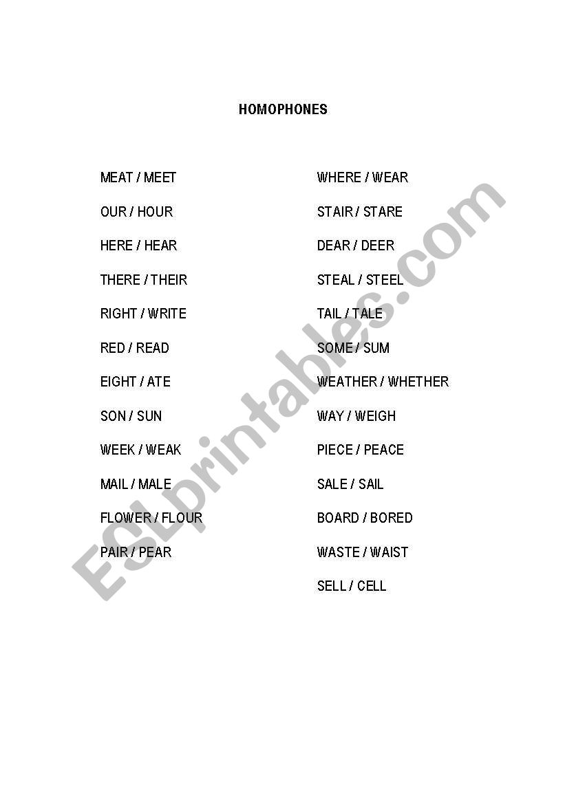 Homophones Worksheet worksheet