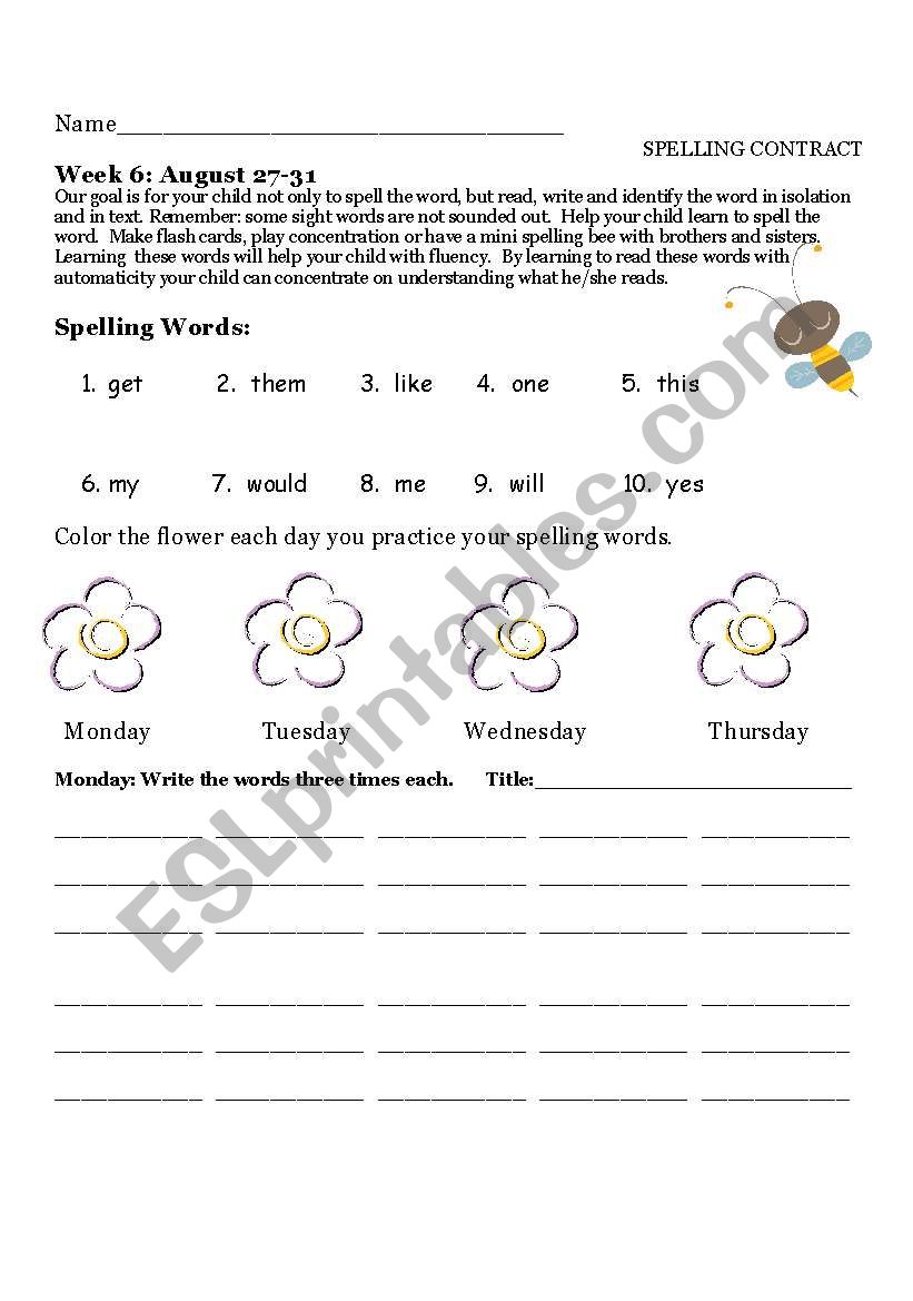 Spelling Contract worksheet