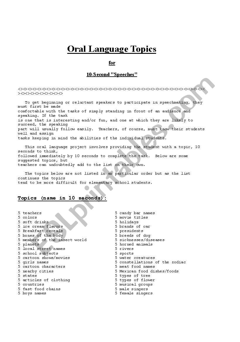 10 second speeches worksheet