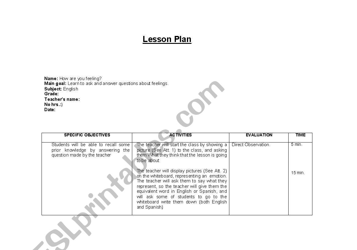 Lesson plan on Feelings worksheet