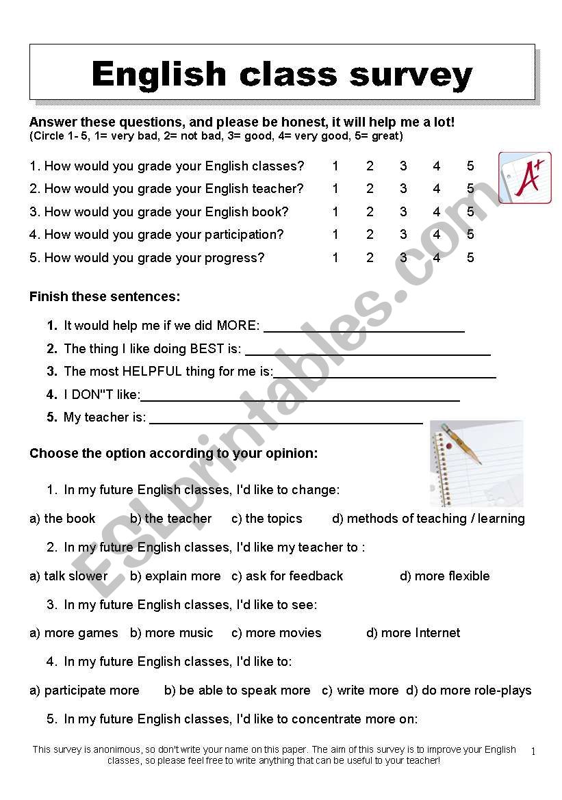 ENGLISH CLASS SURVEY worksheet