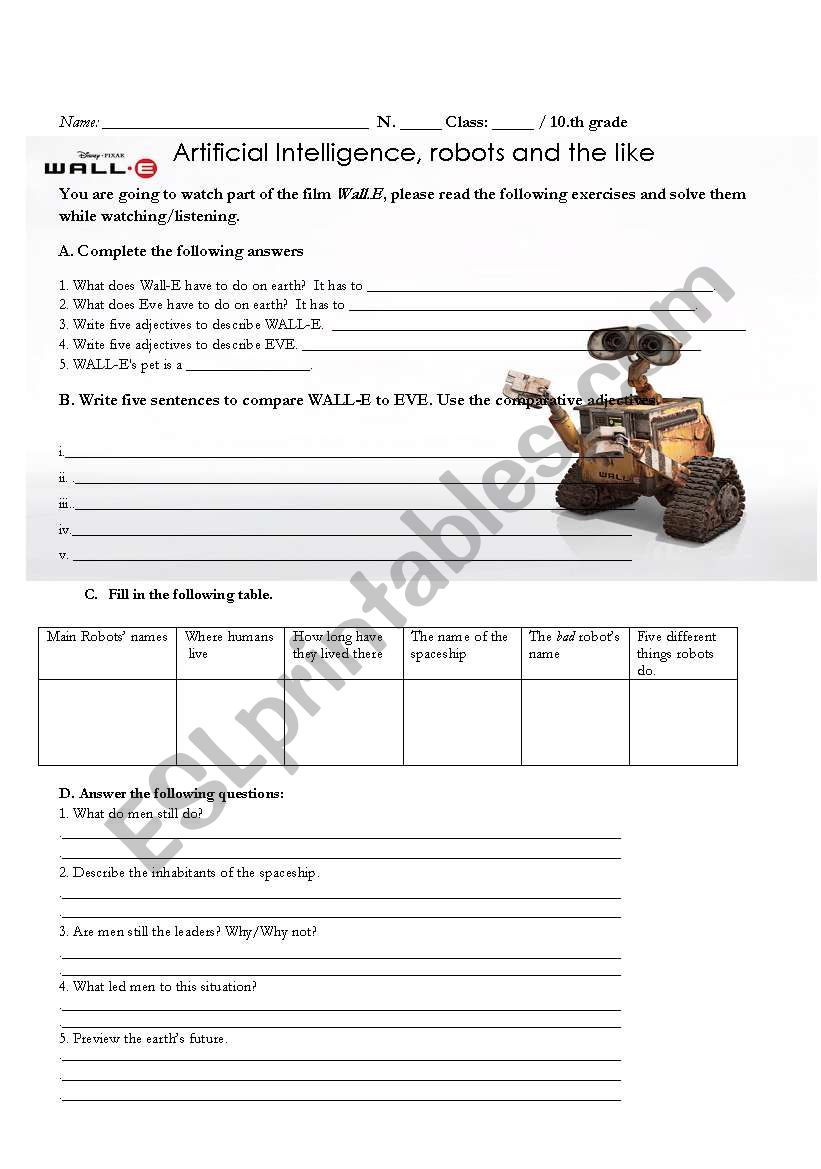 Wall-E in the classroom worksheet