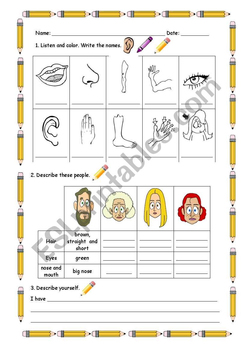 Body parts and descriptions worksheet