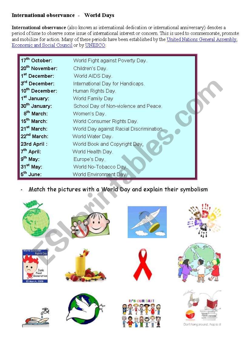 WORLD DAYS worksheet