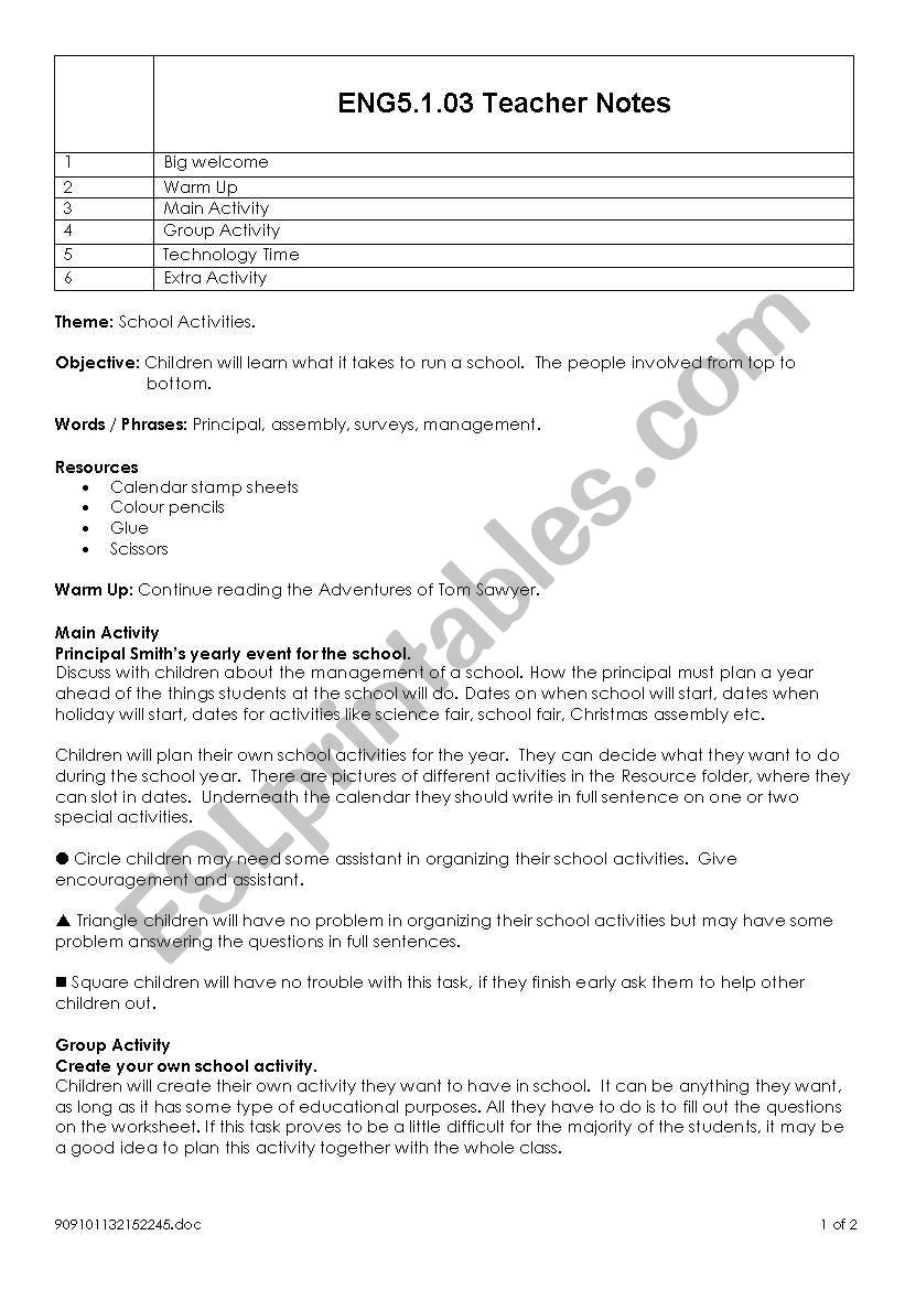 School Activities worksheet