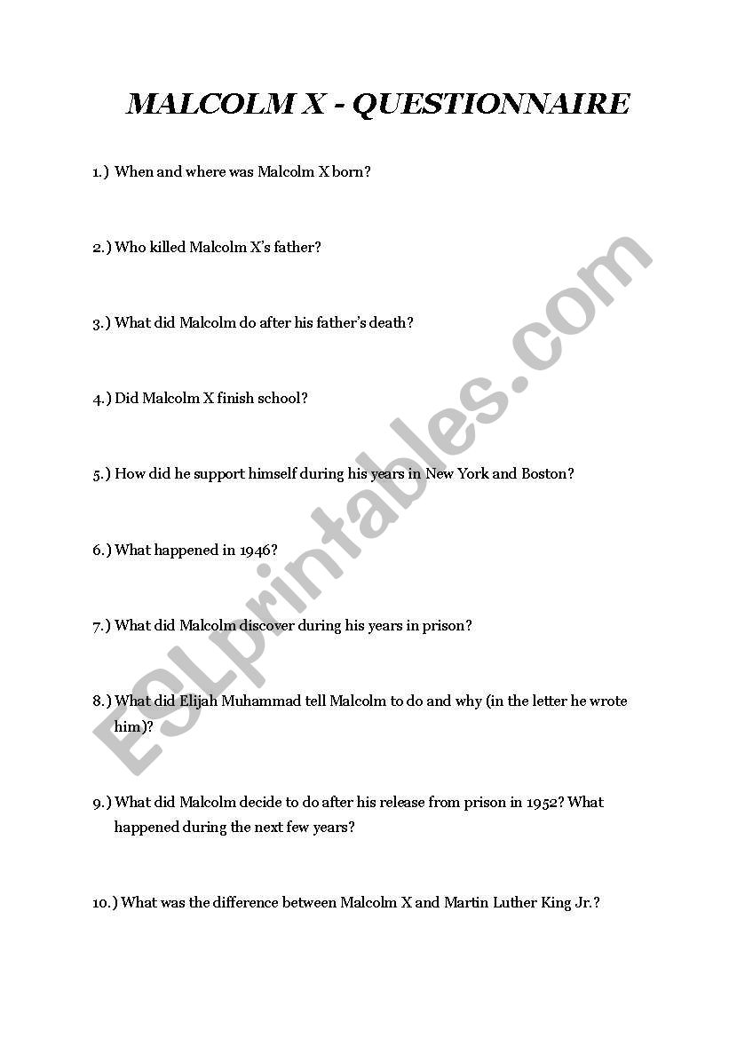 Malcolm X Questionnaire worksheet