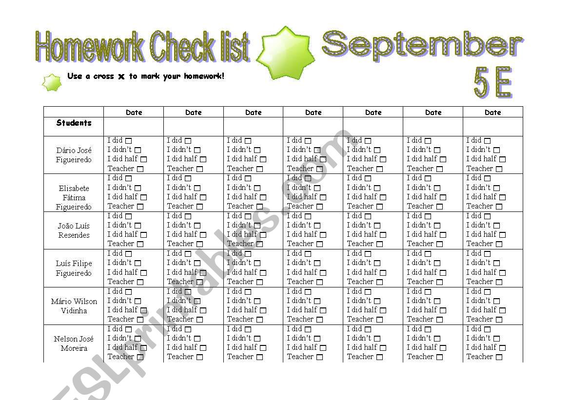 homework check list worksheet