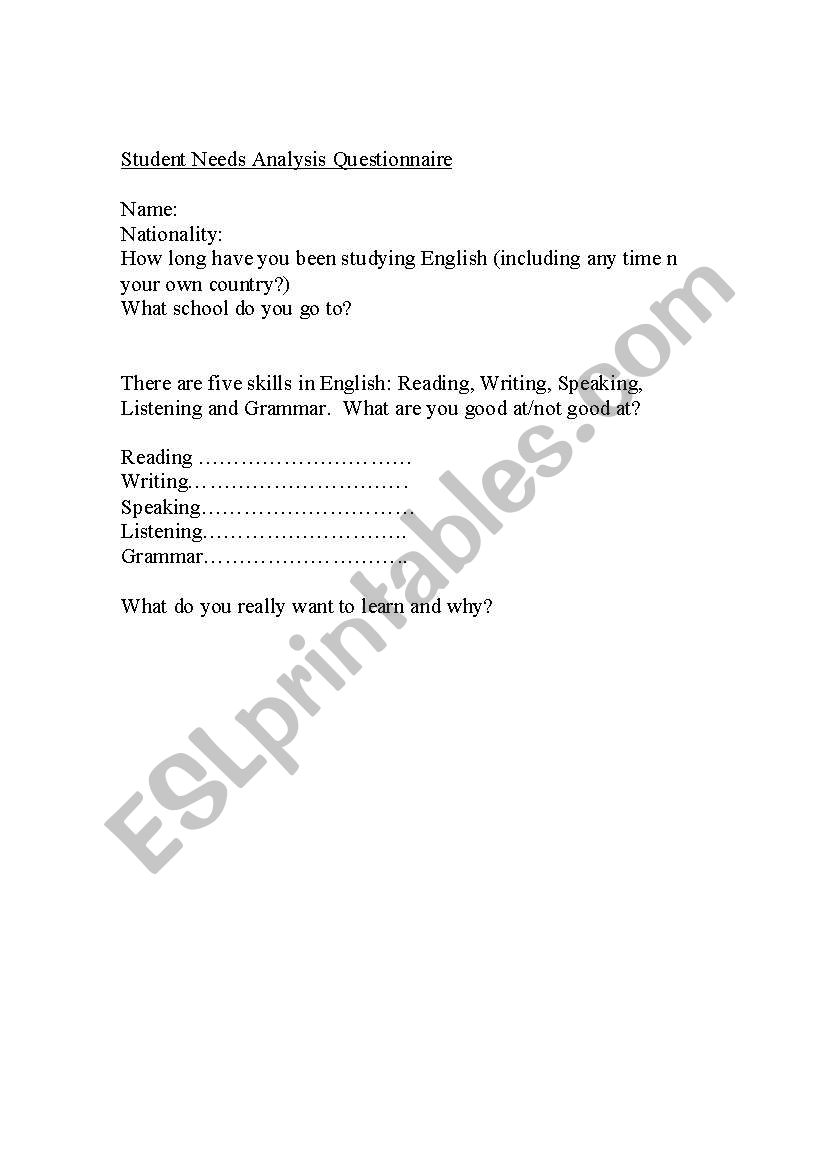 Student Needs Analysis worksheet