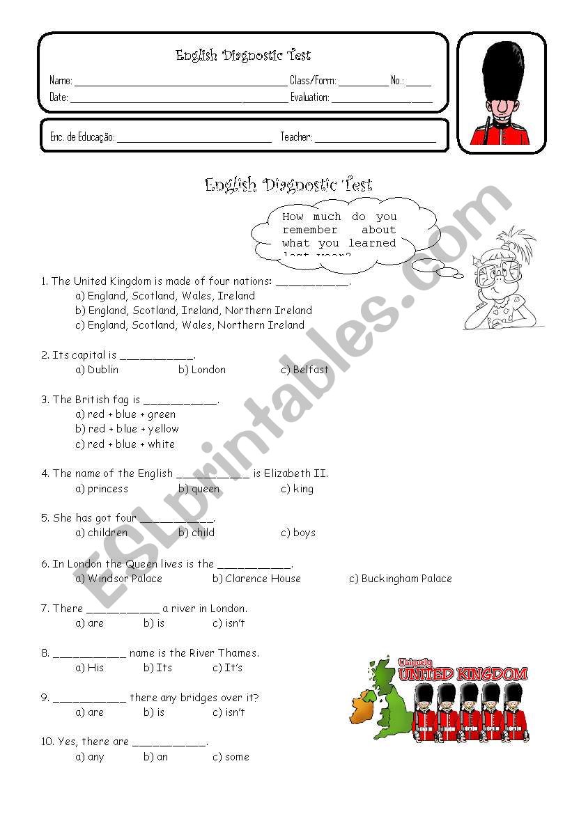 English Diagnostic test worksheet