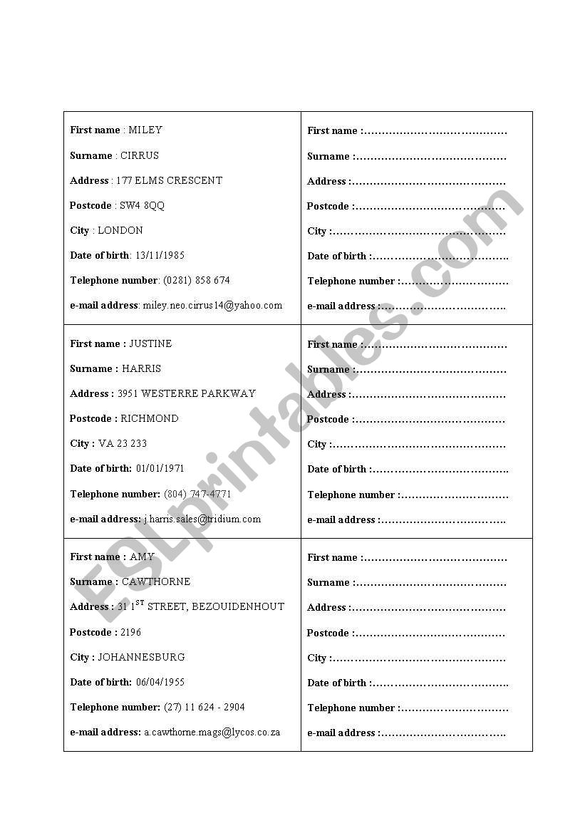 Address Book Roleplay worksheet